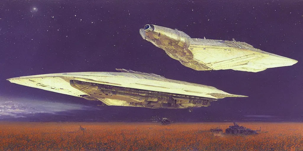 Prompt: Fernand Khnopff super technologies white giant spaceship starship battlestar airship landed laying in center on tansy wormwood field, snowy mountain afar by Fernand Khnopff by john berkey, oil painting, concept art