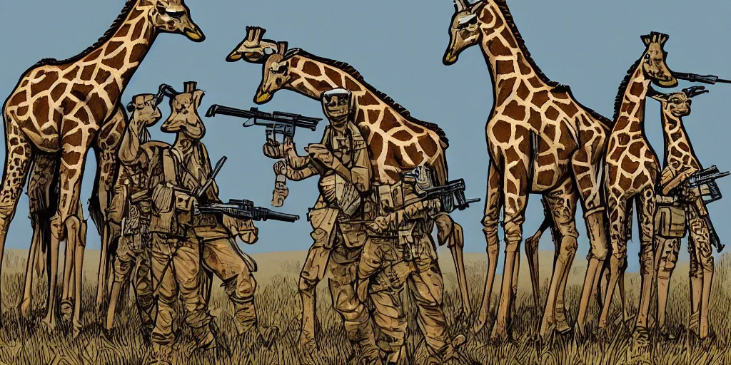 Image similar to giraffe army, holding guns and ammo, illustration, cartoon