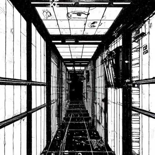 ominous space station hallway by tsutomu nihei, inked, | Stable Diffusion