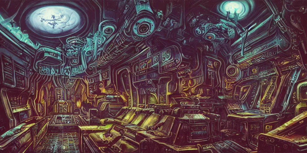 Image similar to an eldritch brutalist gothic airbrush painting of a voidpunk starship interior, illustrated by HG Wells, Warhammer 40k, Lisa Frank, Josh Kirby, sci-fi and cyberpunk, clean linework, Obsidian, technological, artificial