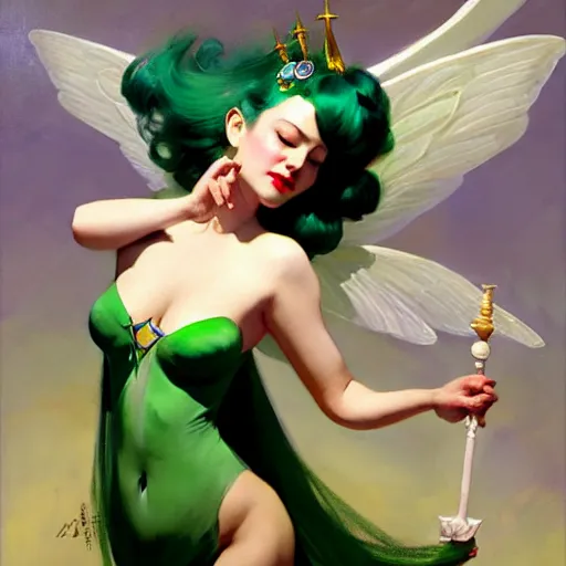 Image similar to greg manchess painting of fairy god mother, green and white hair, long wings, sorceress wand, soft lighting, trending on artstation, by huang guangjian and gil elvgren and sachin teng