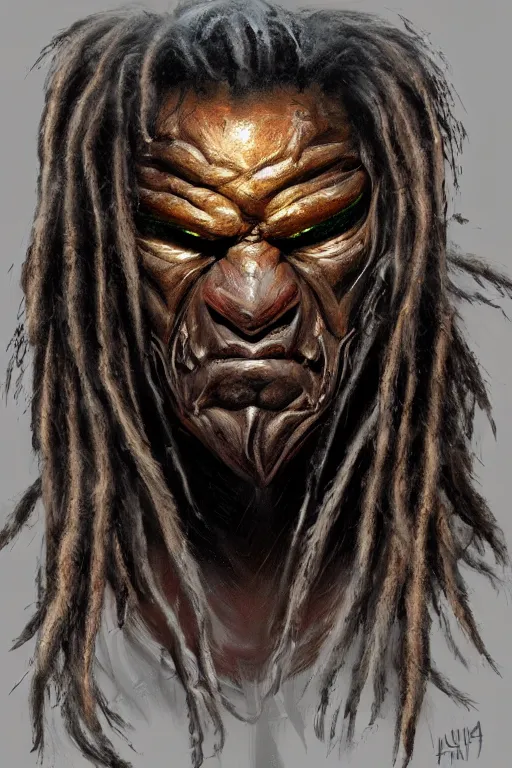 Prompt: predator 1 9 8 7 face redesign, portrait, highly detailed, dreadlocks, mandables, digital painting, trending on artstation, concept art, illustration