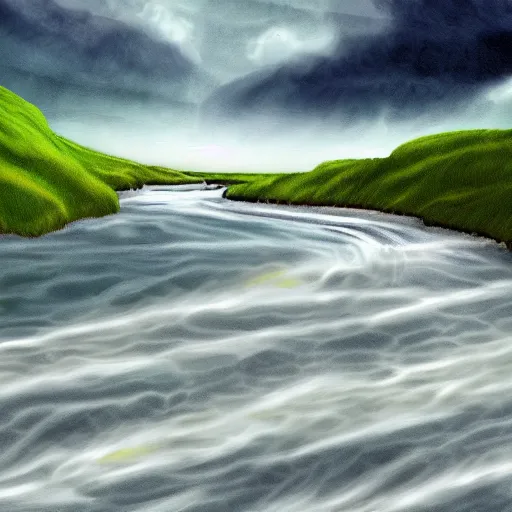 Prompt: digital art painting of a river running through the plains, very mediocre, not detailed at all.