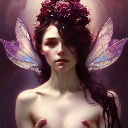 Image similar to crystalline soul fairy, surreal, dramatic lighting, face, detailed, intricate, elegant, lithe, highly detailed, digital painting, artstation, concept art, smooth, sharp focus, illustration, art by Krenz Cushart and Artem Demura and alphonse mucha