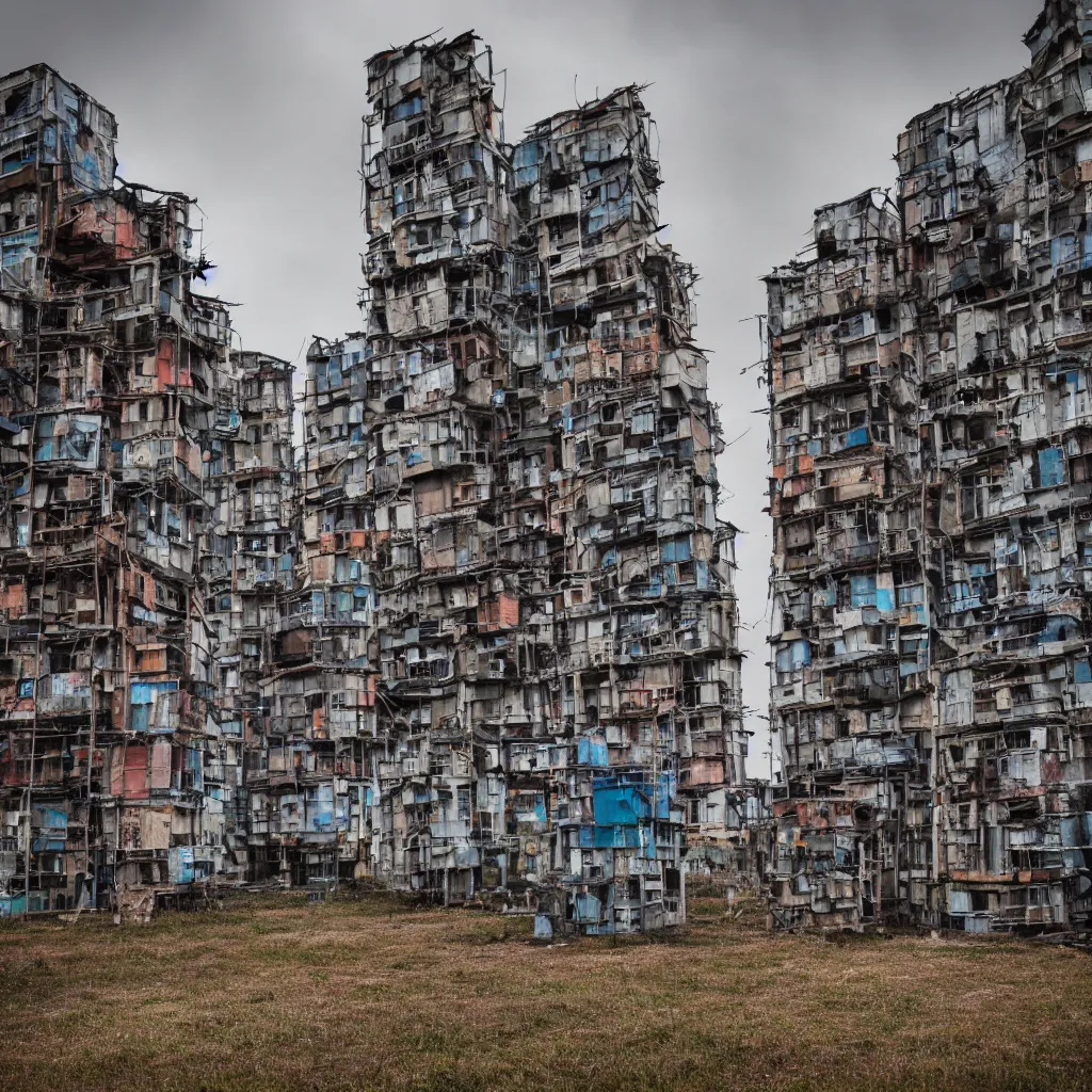 Image similar to three towers, made up of makeshift squatter shacks with faded colours, large vertical blank spaces, dystopia, sony a 7 r 3, f 1 1, fully frontal view, photographed by jeanette hagglund