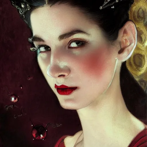 Prompt: portrait of a very beautiful queen vampire, top half of body, crown on head, pensive expression, by Stanley Artgerm Lau, greg rutkowski, thomas kindkade, alphonse mucha, loish, norman rockwell, J. C. Leyendecker. dark black hair, pale skin, detailed eyes, red lips. royalty. Trending on artstation rule of thirds extremely detailed illustration hd 4k