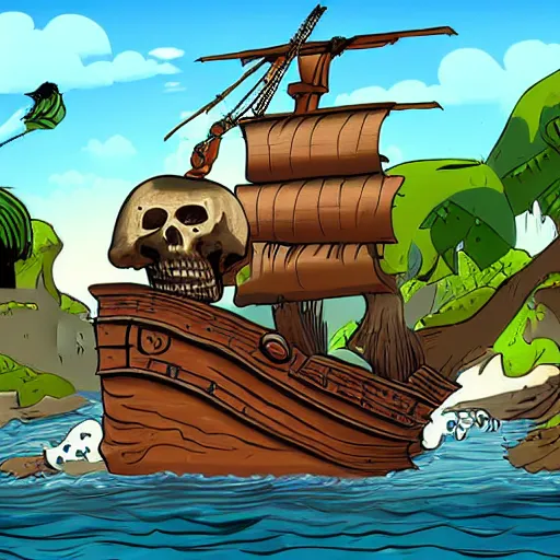 Image similar to a pirate ship near a skull shaped island, by Bill Tiller, monkey island game, game concept art, colorful