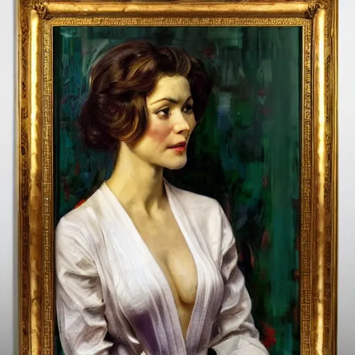 Prompt: gorgeous beautiful woman, slight nerdy smile, slightly open mouth, looking away from camera, framed painting, hyperrealism vrubel