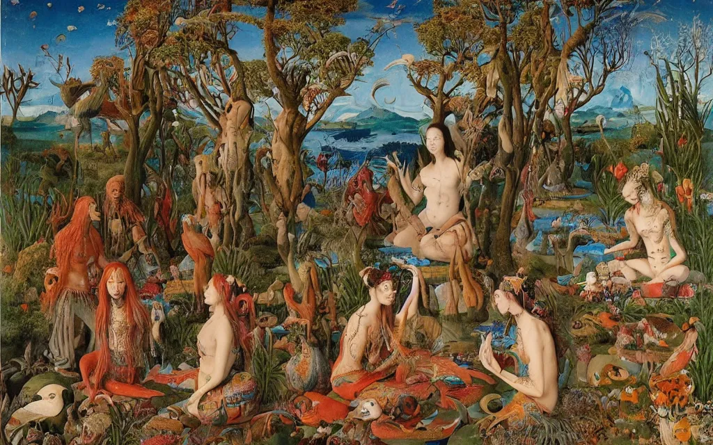 Prompt: a portrait photograph of a meditating mermaid shaman and a flayed monk feeding parrots at a wide river delta. surrounded by bulbous flowers, animals and trees. mountain range under a vast blue sky of burning stars. painted by jan van eyck, max ernst, ernst haeckel, ernst fuchs and artgerm, trending on cgsociety