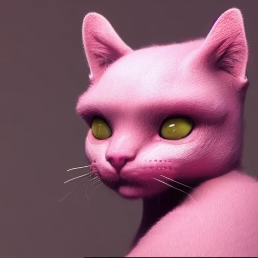 Prompt: a pink furry cat with yellow eyes sitting on its hind legs, a 3 d render by alberto seveso, highly detailed, trending on cgsociety, furry art, zbrush, rendered in maya, polycount