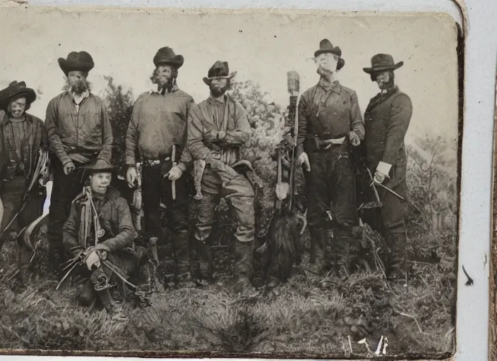 Image similar to tintype photo of a group of hunters posing with a giant dead sasquatch ape beast