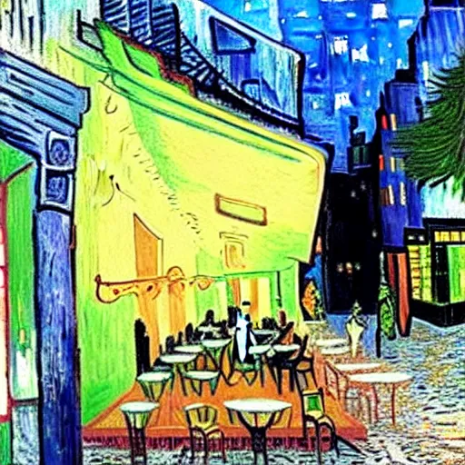 Prompt: Cyberpunk Cafe Terrace at night by Vincent Van Gogh in real life