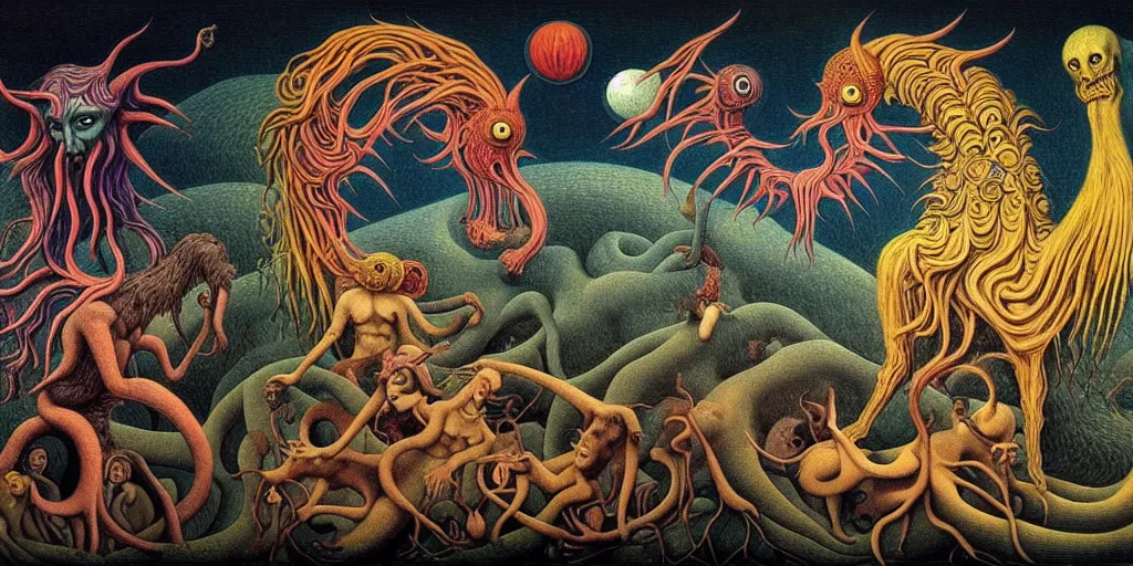Prompt: mythical creatures and monsters in the visceral heart imaginal realm of the collective unconscious, in a dark surreal painting by johfra, mc escher and ronny khalil