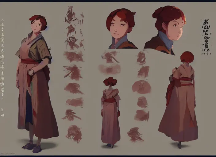 Image similar to character sheet for a ginger woman, for genshin impact by greg rutkowski, james gilleard, atey ghailan, makoto shinkai, goro fujita, studio ghibli, rim light, exquisite lighting, clear focus, very coherent, plain background, soft painting by huang guangjian and gil elvgren and sachin teng