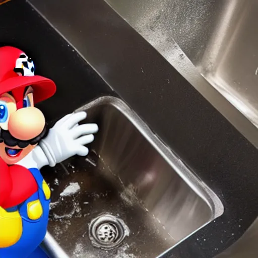 Prompt: Mario the plumber fixing the pipes under the kitchen sink