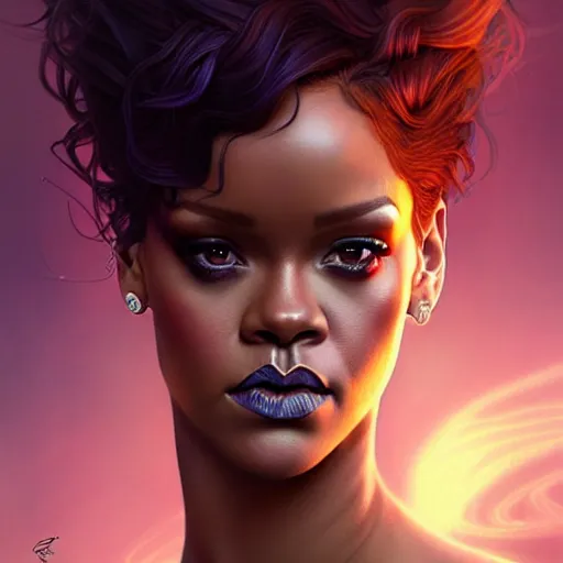 Image similar to Rihanna as a fantasy magic woman portrait, sci-fi, amber eyes, face, long hair, fantasy, intricate, elegant, highly detailed, digital painting, artstation, concept art, smooth, sharp focus, illustration, art by artgerm and greg rutkowski and alphonse mucha