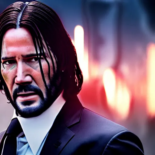 Image similar to jesus christ in john wick fighting scene, 4 k, high resolution, still, landscape, hd, dslr, hyper realistic