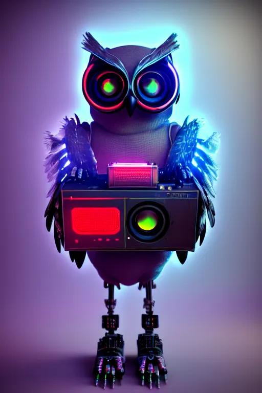 Image similar to high quality 3 d render very cute cyborg owl! with boombox!, cyberpunk highly detailed, unreal engine cinematic smooth, in the style of blade runner & detective pikachu, hannah yata charlie immer, moody light, low angle, uhd 8 k, sharp focus