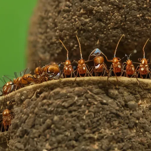 Image similar to king of ants, ant wearing crown ordering ant minions, cinematic, 4k, movie shot, ultra epic