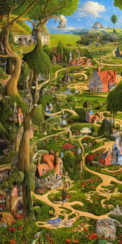 Image similar to a magical realism landscape in wonderland with house and trees by jacek yerka and salvador dali, detailed matte painting, 8 k resolution