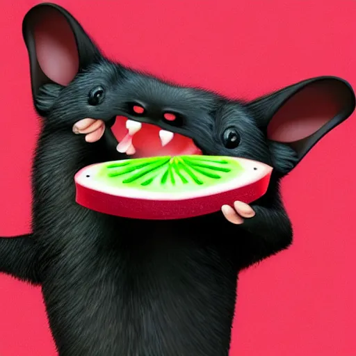 Image similar to cute kawaii realistic fruit bat eats a watermelon piece, digital art, high quality, illustration, art, detailed, 3 d render, sticker,