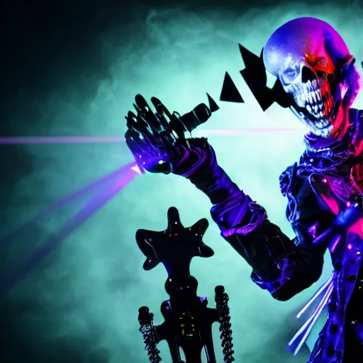Prompt: gothpunk Skeletor with laser eyes, playing electric guitar, smoke, lights, lasers, highly detailed, realistic, technology and magic, studio lighting, UHD