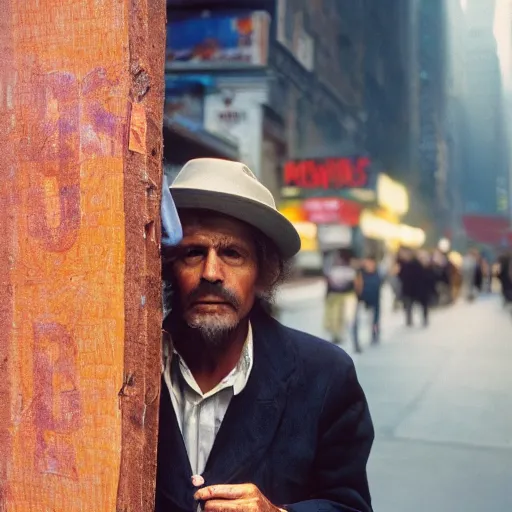 Image similar to closeup portrait of a sneaky man hiding trying to sell hotdogs in a smoky new york back street , by Annie Leibovitz and Steve McCurry, natural light, detailed face, CANON Eos C300, ƒ1.8, 35mm, 8K, medium-format print