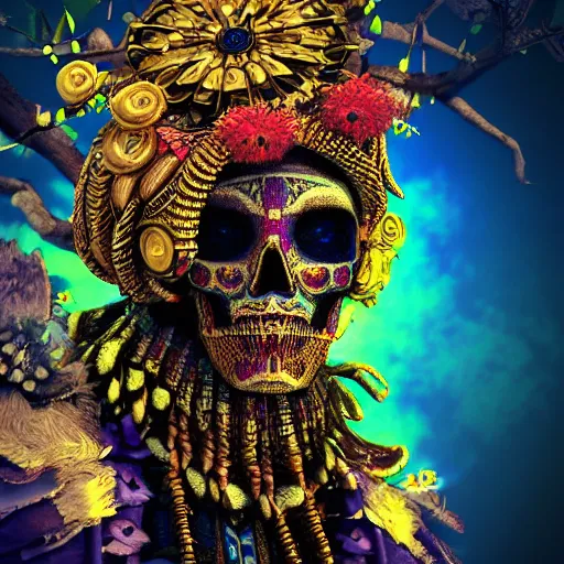 Image similar to a golden skull face african electric shaman with an afro made of flowers, third eye art art by machina infinitum, complexity from simplicity, rendered in octane, mandelbulb 3 d, ambient occlusion, macro photography, tribal, retrowave