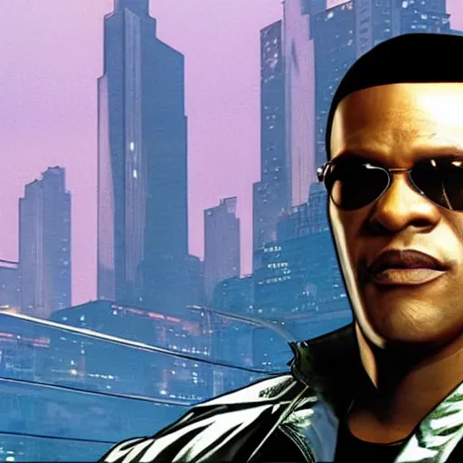 Image similar to Morpheus from the Matrix in GTA 5, cover art by Stephen Bliss, boxart, loading screen