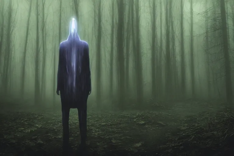 Prompt: a mystical alien standing in a dark, gloomy forest, detailed, mythical, mist, depressing, tired, dark, lush, nature, mist, mystery, glows, somber, dismal, fog, heavy fog, dark lighting, rim light, ambient light,