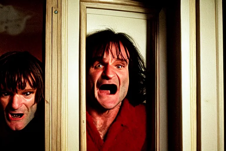 Prompt: Robin Williams as Jack Torrance peaking through hole in door in The Shining 1980