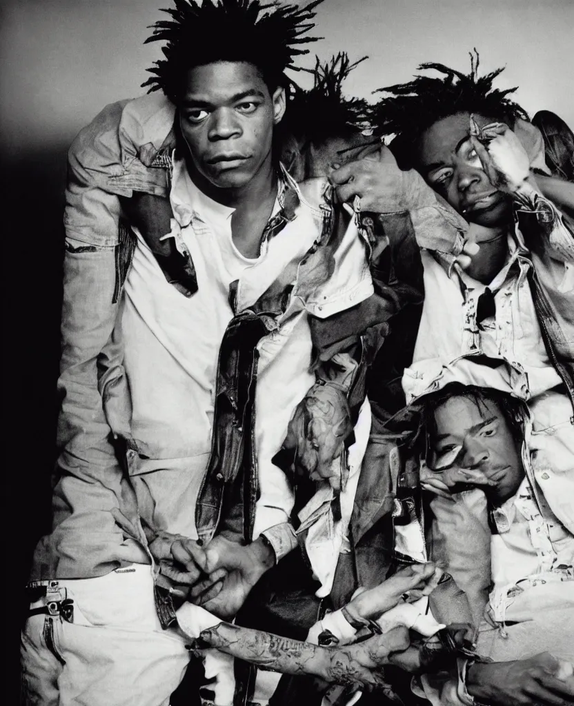 Prompt: basquiat with kurt cobain photographed by annie leibovitz in a hi end photo studio, color, photorealistic,
