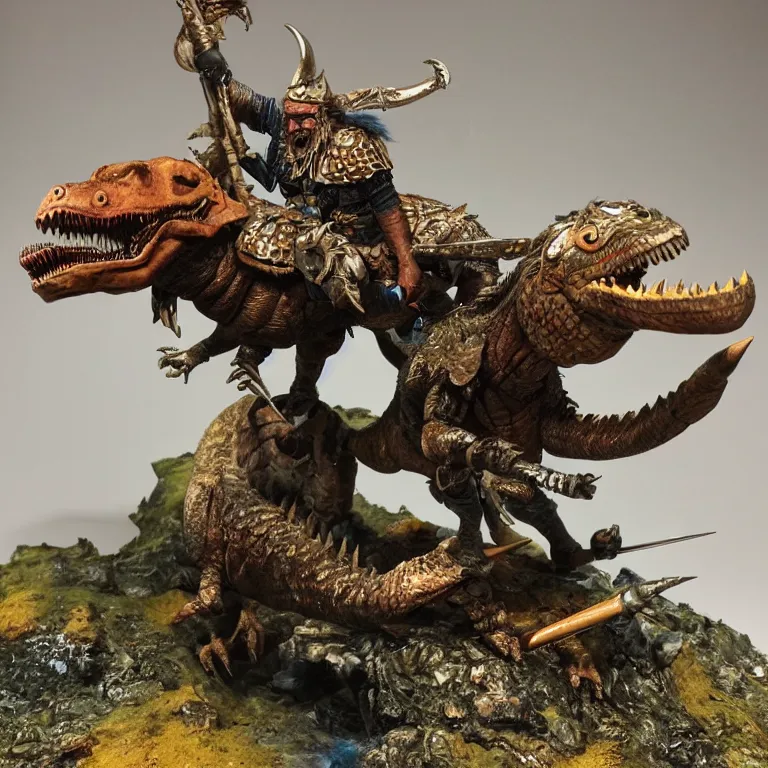 Image similar to diorama of a viking berserker riding a dinosaur, highly detailed, award winning mini painting, studio lighting