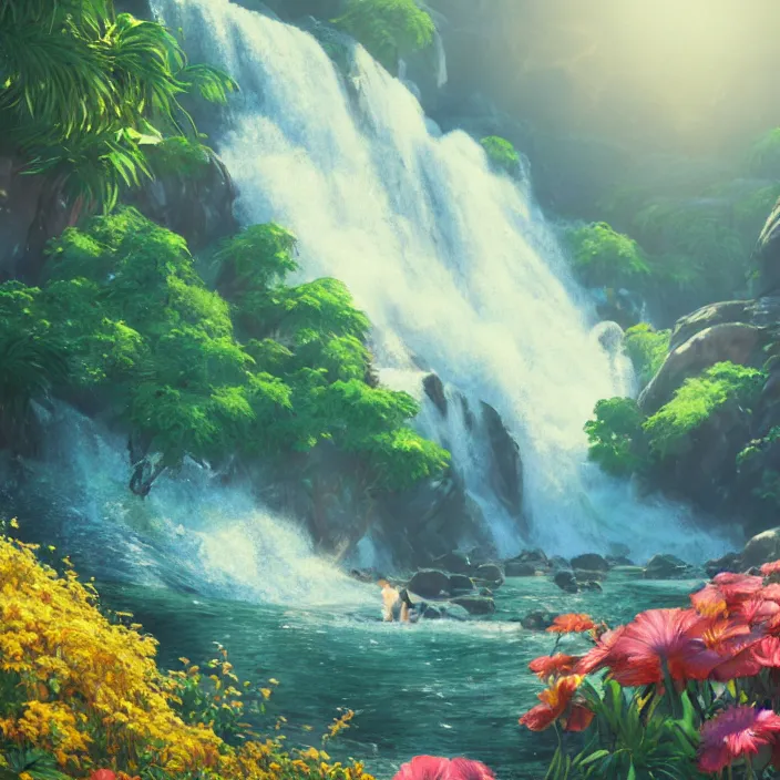 Image similar to an epic makoto shinkai and renoir landscape with a hawaiian waterfall, golden hour, 🌺, ultra smooth, octane render, lois van baarle, ilya kuvshinov, unreal engine, blender, trending on artstation, suntur, caleb worcester, highly detailed, photorealism, bloom effect