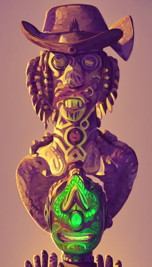 Prompt: totem snakeoil brand snake oil salesman petroleum cowboy totem aztek greeble tribal style heartstone ornate fantasy dofus by Krzysztof Maziarz fanart artstation wild west alchemical afrika mask color radiating a glowing aura, purple green color scheme Lois van baarle, ilya kuvshinov, rossdraws global illumination