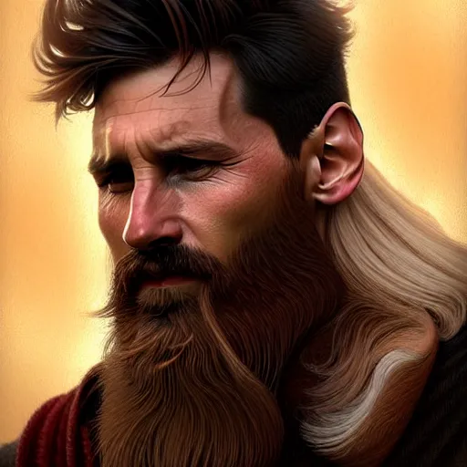 Image similar to Messi with a majestic beard, closeup, D&D, fantasy, intricate, elegant, highly detailed, digital painting, artstation, concept art, matte, sharp focus, illustration, art by Artgerm and Greg Rutkowski and Alphonse Mucha