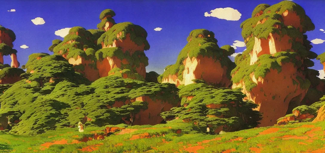 Prompt: ghibli illustrated background of a strikingly beautiful landform by vasily polenov, joaquin sorolla, eugene von guerard, ivan shishkin, albert edelfelt, john singer sargent, albert bierstadt 4 k