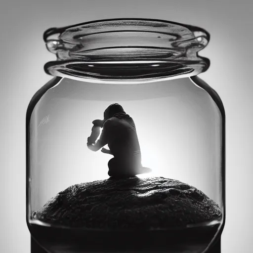 Image similar to tiny man trapped in a jar, light by shaft of coruscating sunlight, Award Winning Masterpiece On 85mm by Simon Bruntnell