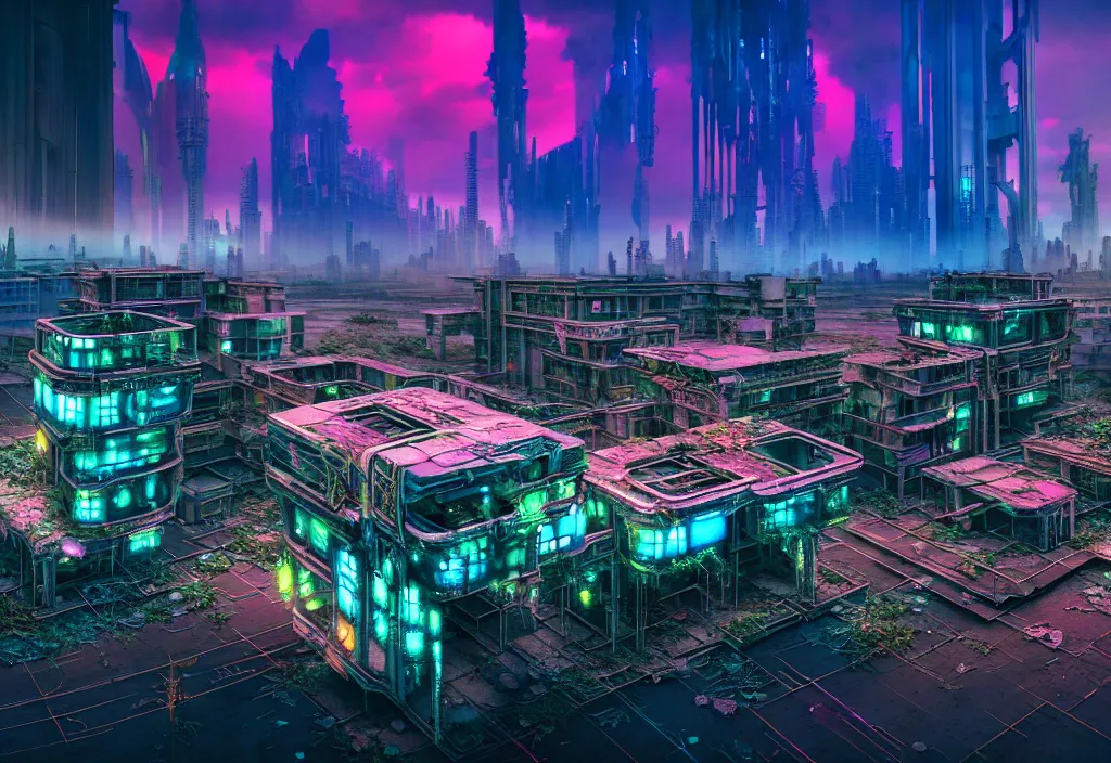 Prompt: A highly detailed crisp unreal engine render of aerial drone photo of A beautiful futuristic cyberpunk abandoned city building with neon, plants, perfect well made rainbow on the sky, sunlight breaking through clouds, debris on the ground, abandoned machines bright warm colors by wangchen-cg, 王琛,Neil blevins, artstation, Isometric japanese city, volumetrics, 3d render, octane render, Gediminas Pranckevicius