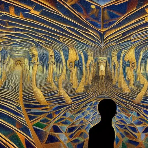 Prompt: a breathtaking 8 k resolution matte painting of a black boy lost inside a vast and endless four dimensional hall of mirrors, in a surreal psychedelic style, by m. c. escher and alex grey and android jones