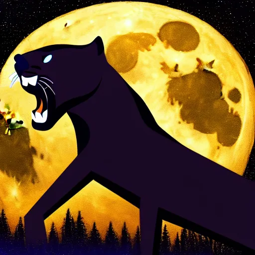 Image similar to a panther roaring at the moon in a forest during the night, large moon in the center. high quality. artistic. illustration. 4 k. cinematic. photoreal. highly detailed. dramatic. dark colors. night.