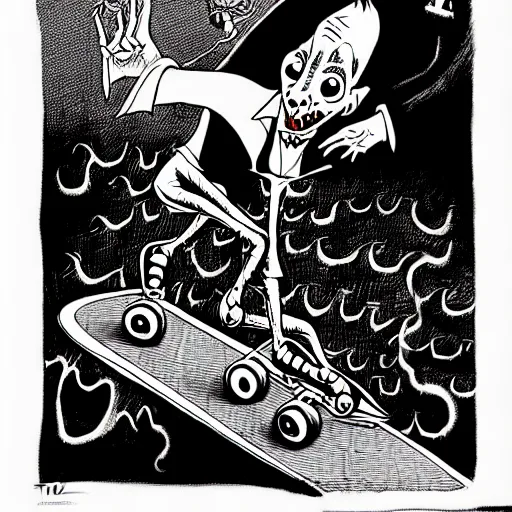 Image similar to black and white trippy surreal comic art of dracula the vampire vampire vampire roller skating on roller skates, drawn by martin rowson, tim burton, alex pardee, nekro petros afshar, james mcdermott, cgsociety 4 k