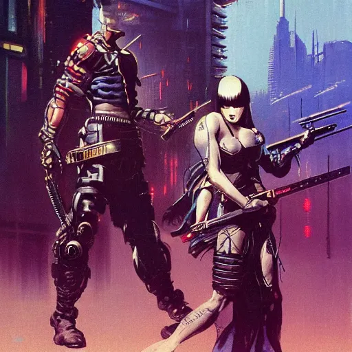 Image similar to An android wielding two katanas in a cyberpunk setting by Frank Frazetta, Trending on Artstation, 1980s computer graphics,