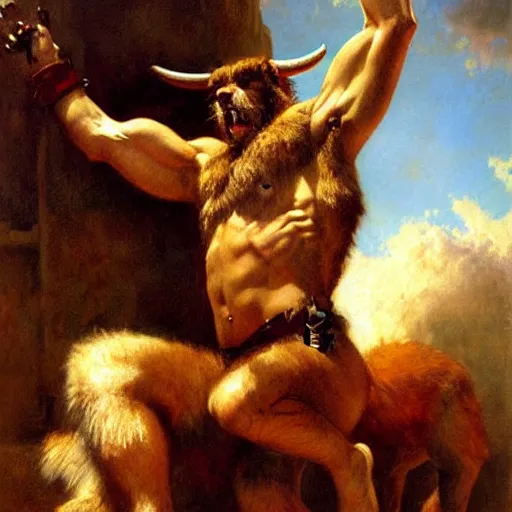 Prompt: a portrait of a furry minotaur, furry body, furry chest, furry arms, furry legs, tail. highly detailed painting by gaston bussiere, craig mullins, j. c. leyendecker, furry