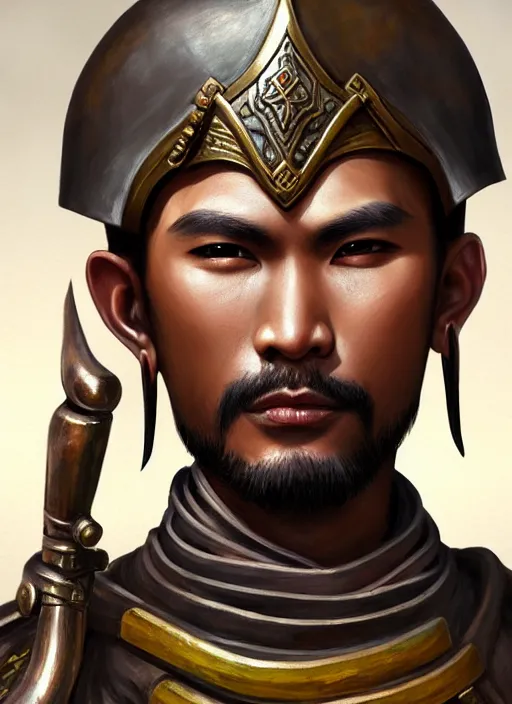 Prompt: smart tai warlord, closeup portrait, historical hero, ethnic group, sukhothai costume, bronze headset, intricate, with leather armor cross on bare chest, tai body tattoo, elegant, loin cloth, highly detailed, oil painting, artstation, concept art, matte, sharp focus, illustration, hearthstone, art by earl norem