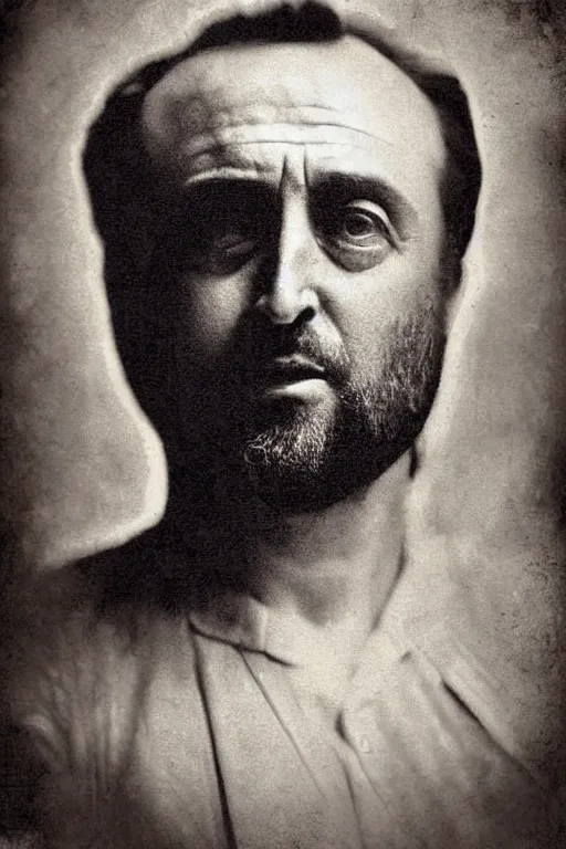 Image similar to richard garriott, portrait, full body, symmetrical features, silver iodide, 1 8 8 0 photograph, sepia tone, aged paper, sergio leone, master prime lenses, cinematic