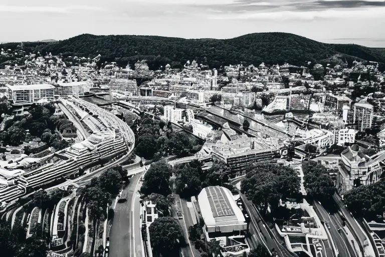 Image similar to bird's eye view photography of a small city. town hall, central farm, monorail station, beach and harbor. hills, woods and lake to the north.