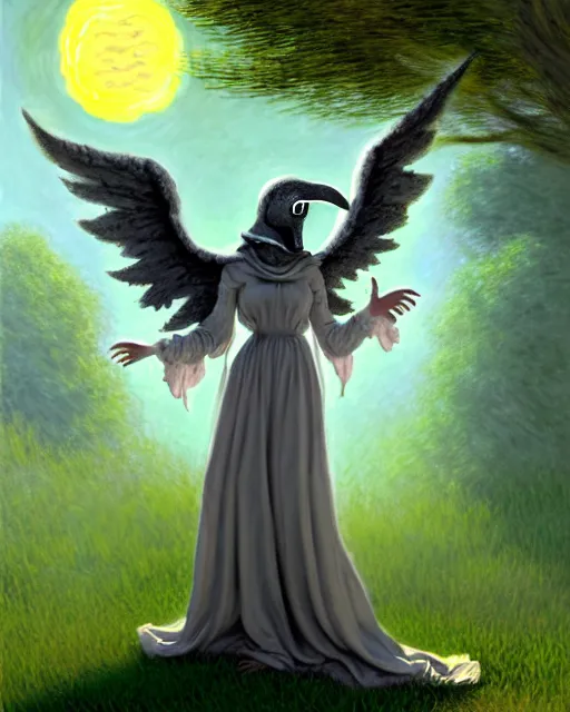 Prompt: a cute harpy plague doctor angel in a sun dress enjoying the crispy summer air under the shade of a great oak tree in summer. trending on pixiv. trending on artstation. a vibrant digital oil painting. a highly detailed fantasy character illustration by wayne reynolds and charles monet and gustave dore and carl critchlow and bram sels