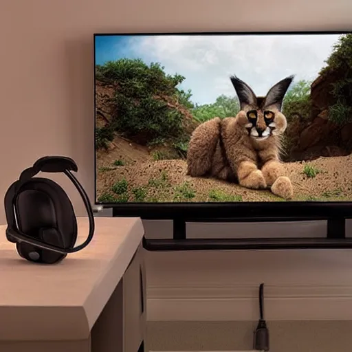 Prompt: view from behind from bed of a cute fluffy caracal wearing headset watching big tv displaying world of tanks, intricate detail, cinematic composition