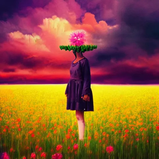 Prompt: woman with a flower face, standing in flower field, surreal photography, manipulation, sunrise, impressionist painting, colorful clouds, artstation, dali, simon stalenhag